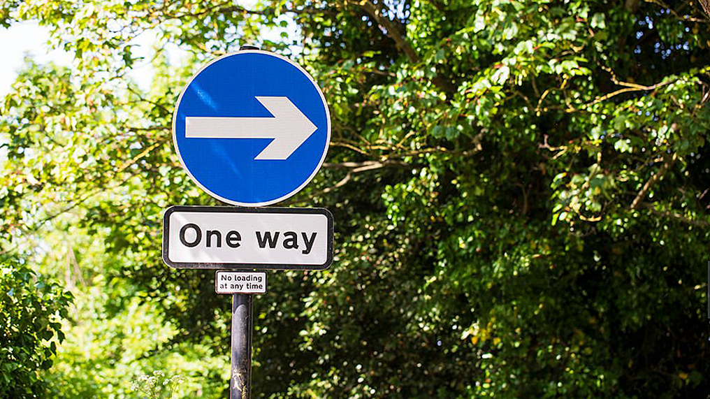 A one way sign on a circular blue background in front of some trees