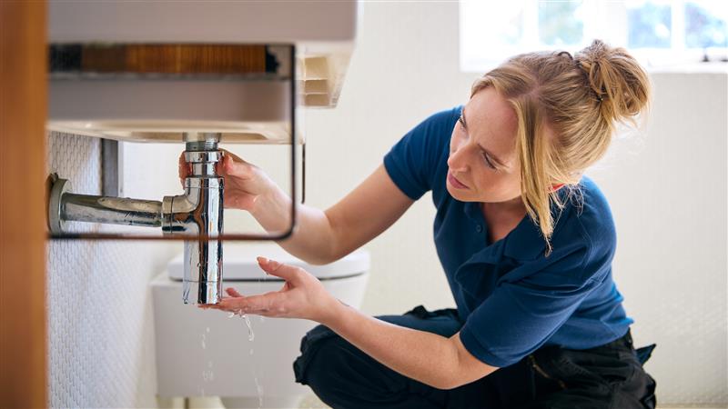 A woman in a blue t-shirt fixeing a leaking sink